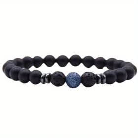 Black Frosted Stone Stretch Beaded Bracelets Gifts For Women Men Silver Plated Energy Healing Yoga Meditation Bangle Jewelry (Color: Blue Weathered)